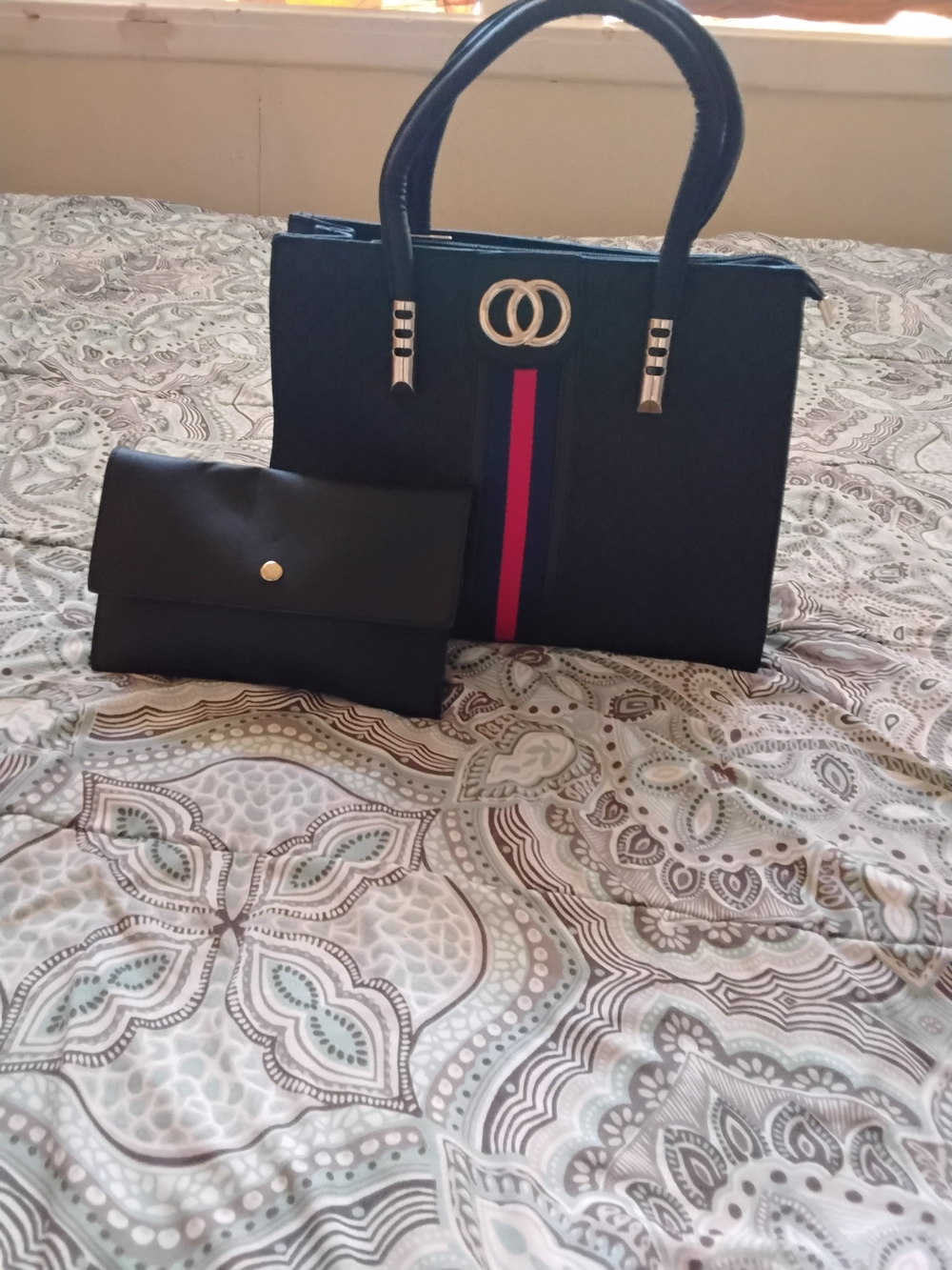 Women’s Navy Tote Bag with Red & Blue Stripe - Elegant Handbag